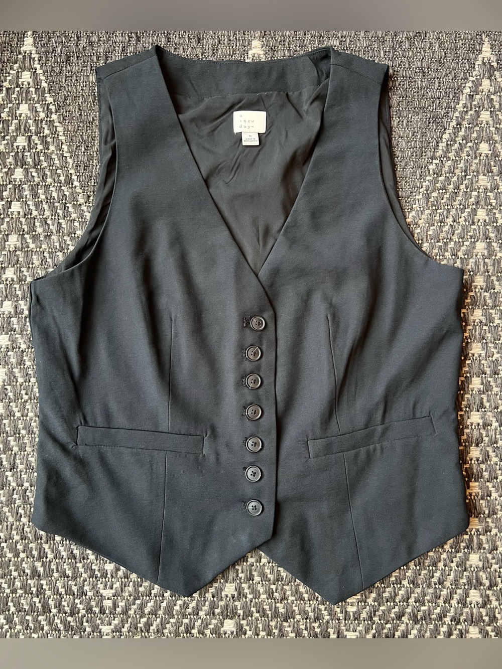 A New Day Women's Black Woven Lined Button Front V-Neck Vest Sleeveless Size S